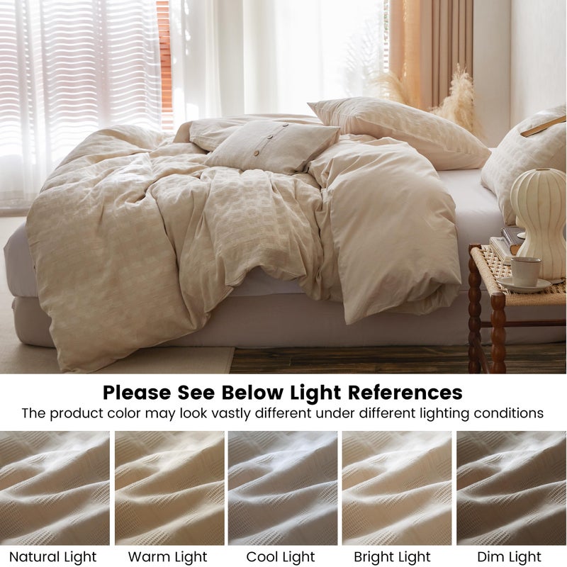 BISELINA 100% Cotton Duvet Cover Set Waffle Weave 3PCS (1 Comforter Cover, 2 Pillow Shams) Reversible Soft Skin-Friendly Breathable Shabby Chic Bedding for All Season - Khaki, Queen Size - Image 5